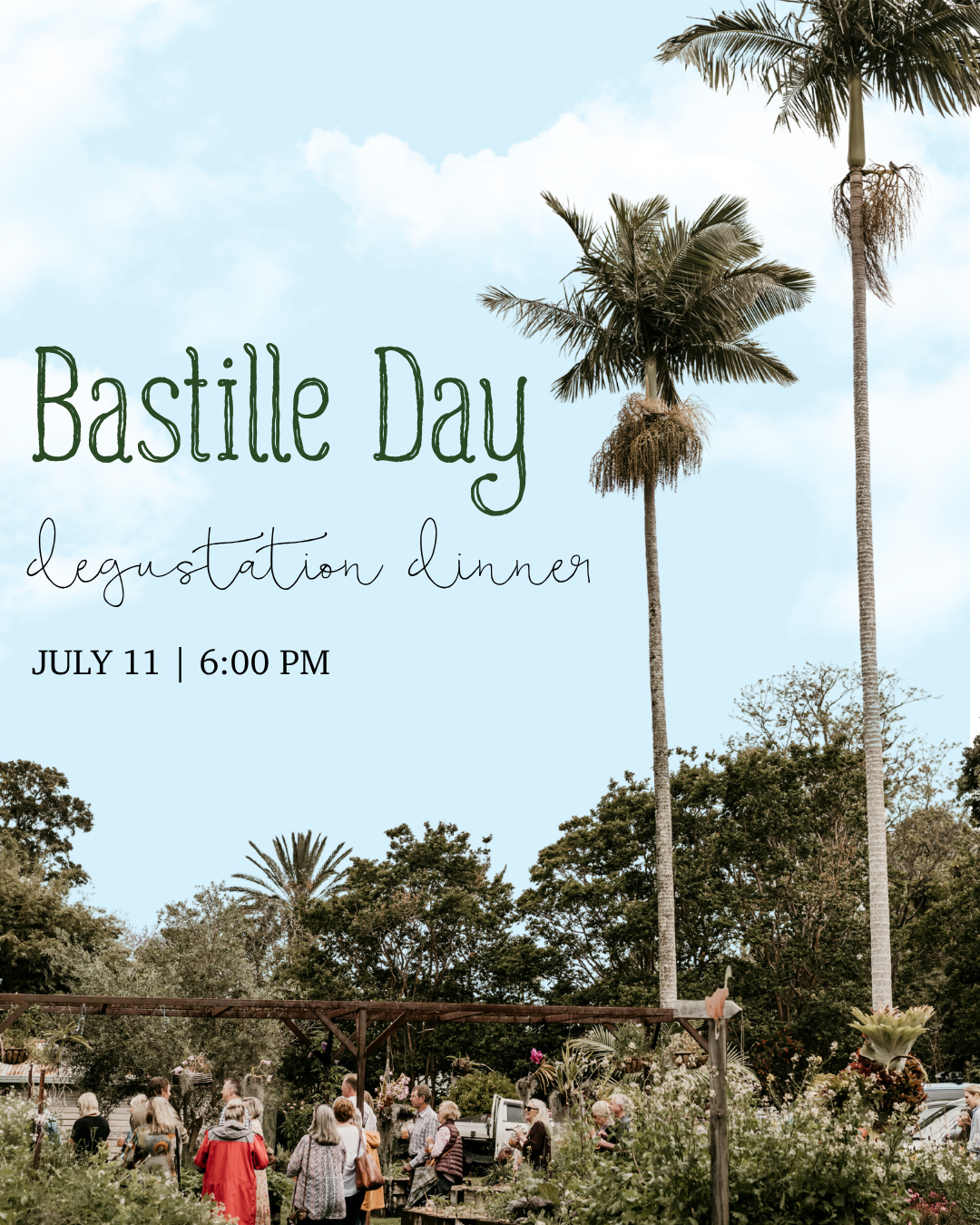 🇫🇷✨ Vive la France! Bastille Day is returning to Potager.⁠
⁠
Join us for an unforgettable evening of French-inspired food, fine wine and warm hospitality as we celebrate Bastille Day with a long-table degustation dinner in the heart of the Tweed hinterland.⁠
⁠
🥂 Enjoy a beautifully curated degustation menu inspired by the flavours of France, thoughtfully matched with wines and served in our intimate indoor dining room.⁠
⁠
📅 Bastille Day Dinner⁠
🕕 6:00pm sharp⁠
💰 $185 per person⁠
🍷 Matched wine pairing included⁠
🍽 Long-table dining experience⁠
⁠
With limited seats available, we recommend booking early to secure your place at the table.⁠
⁠
✨ Make a weekend of it⁠
Enhance your experience with a stay at @potagerhouse, @elysianhillsvenue or @cascade.springs, and turn your evening into a relaxing hinterland escape. You can also add a peaceful river experience with our friends at @tweedecocruises.⁠
⁠
We can't wait to welcome you for a night of beautiful food, great wine and French-inspired celebration.⁠
⁠
🇫🇷🍷🥖✨⁠
⁠
#PotagerAtCarool #BastilleDay #FrenchDegustation #LongTableDining #TheTweed #LoveTheTweed #NorthernRiversFood #DestinationDining #GoldCoastFood #TasteTheTweed #Potager⁠