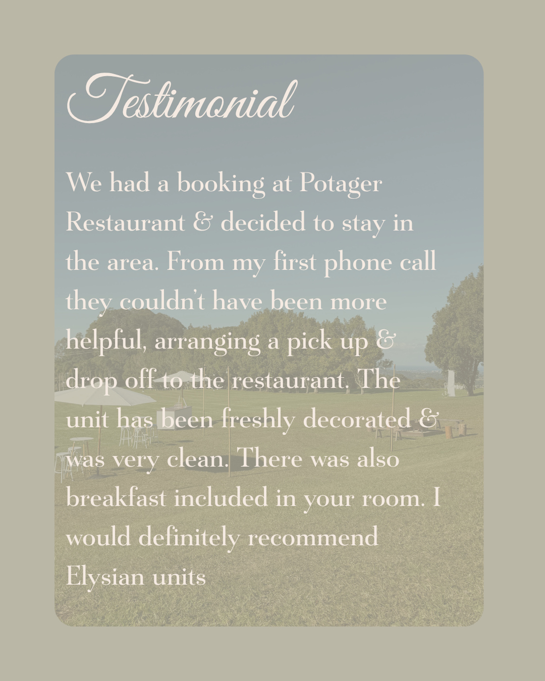 There's nothing we love more than hearing about our guests' experiences. 🤍⁠
⁠
Whether you're joining us for a long lunch at @potagerakitchengarden, celebrating a special occasion or simply escaping for a few days, we love being able to help create a seamless and memorable stay.⁠
⁠
Thank you for your kind words and for choosing to stay with us. We hope to welcome you back again soon.⁠
⁠
✨⁠
⁠
#ElysianHills #GuestReview #Potager #HinterlandEscape #NorthernRiversAccommodation⁠